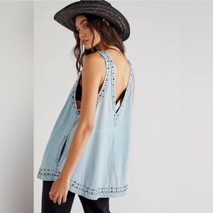 Free People Studded Chambray Tunic Tank Top With Pockets Boho Open Back